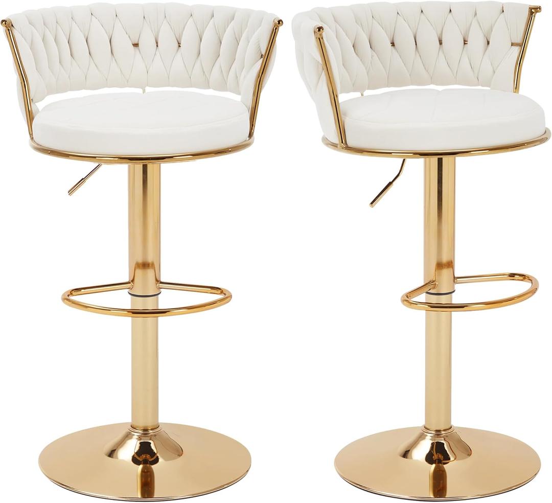 VECELO Bar Stools Set of 2, Adjustable Barstools Counter Height Stools with Back and Arm, Velvet Woven Kitchen Island Stools w/Gold Metal Leg & Base, 360 Swivel Bar Chair for Pubs Dining Room, White