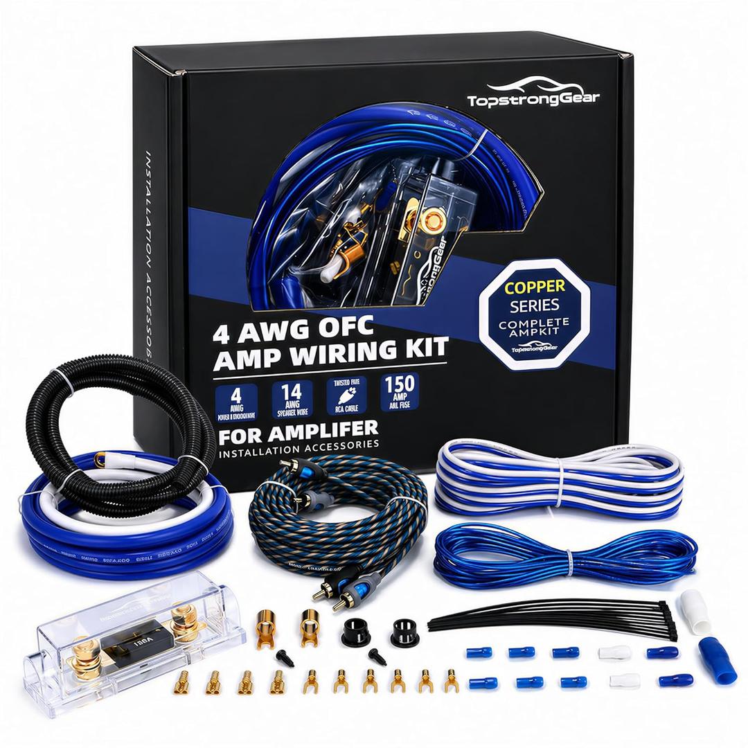 TOPSTRONGGEAR 4 Gauge OFC Amp Kit Car Audio Amplifier Wiring Install Kit with RCA Cables, 150A Fuse, 17FT Power Cable – 4 OFC Complete Subwoofer Installation Kit for Car, Truck, Marine Stereo Systems