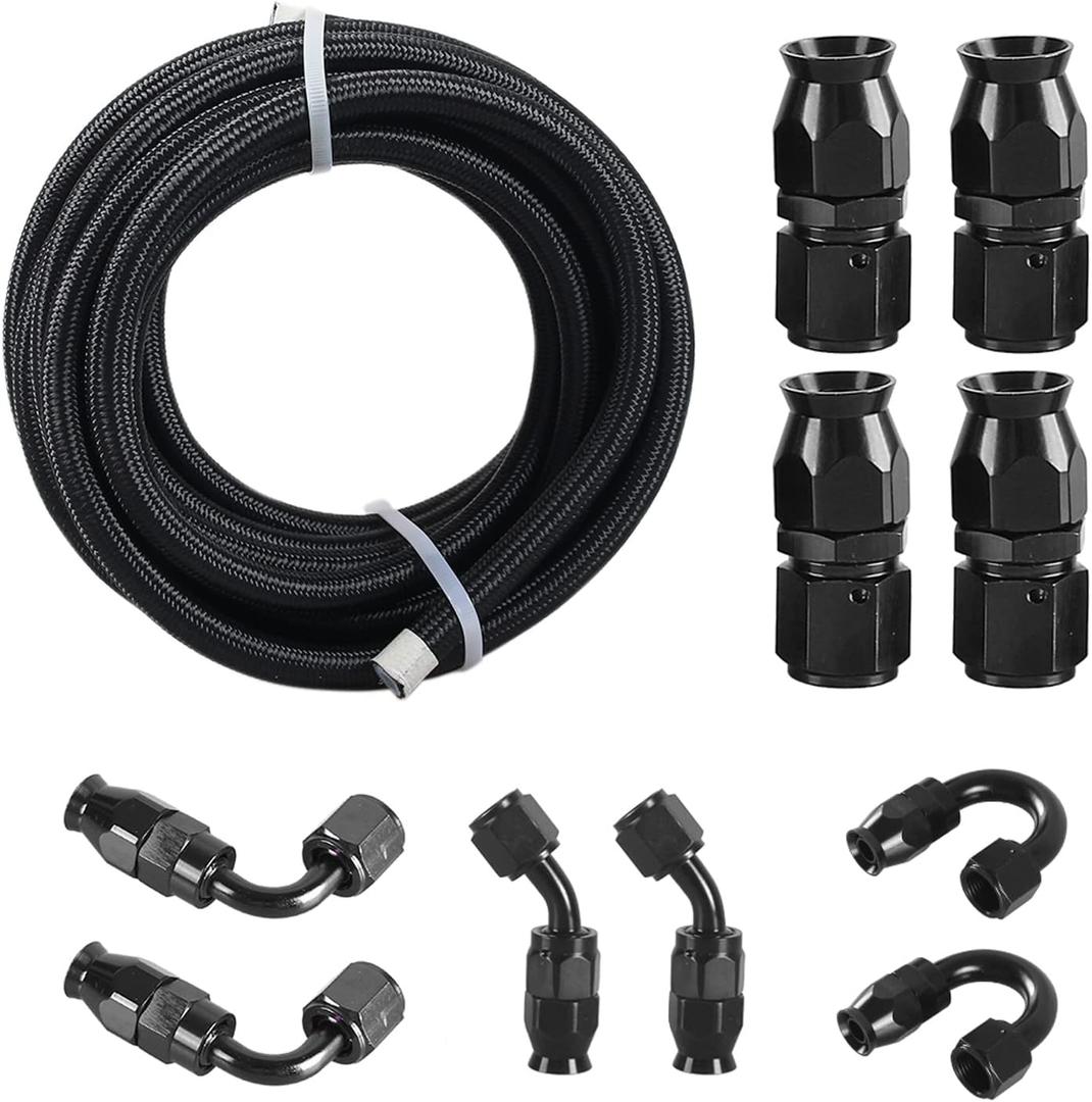6AN 3/8 PTFE E85 Hose Braided Fuel Line Fitting Kit 10FT Transmission Oil Cooler Line Nylon Stainless Steel Black (AN6)