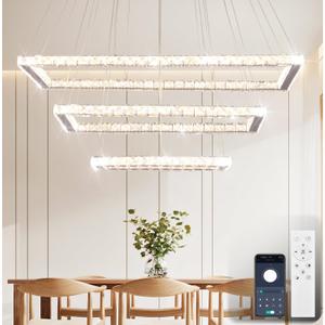 Finktonglan 31.4 inch Dimmable Modern Chandeliers with Remote, 3 Rectangles LED Rings Crystal Pendant Light for Kichen Island Chandelier Ceiling Light for Dining Room Kitchen Living Room