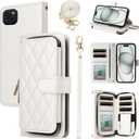 Argyle Wallet Case for iPhone 13 6.1 inch with Wrist Strap Shoulder Strap Flip Zipper Purse, 9+ Card Slot Stand Checkered Cell Phone Cover for iPhone13 5G i i-Phone i13 iPhone13case White