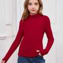 Milumia Girl's Casual Rib Knit Mock Turtle Neck Tee Long Sleeve Fitted T Shirt Tops (Red)