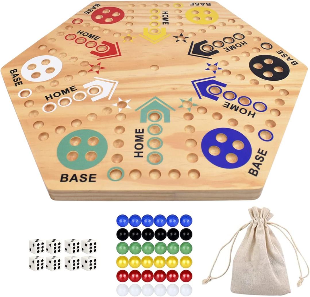 Original Marble Game Wahoo Board Game 20-Inch Double Side Painted Wooden Fast Track Board Game for 6 Player and 4 Player, 6 Colors 36 Glass Marbles 8 Dice for Family Game Night, Friends Party