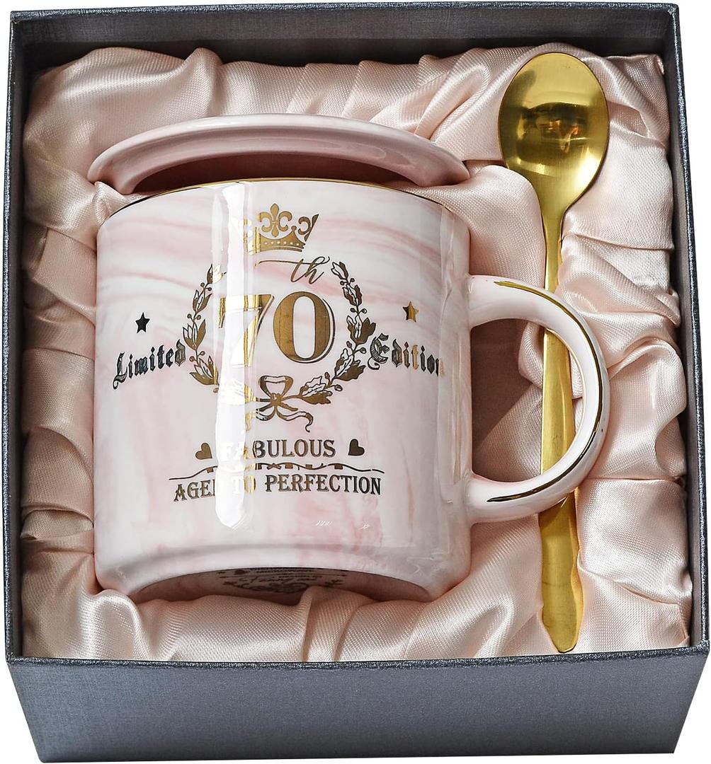 70th Birthday Gifts for Women - Aged to Perfection Coffee Mug - Unique Birthday Present for Grandma Mum Wife Girl Friend Sister - Pink Marble Mug for Coffee Lovers 14Oz Tea Cup Gift Boxed