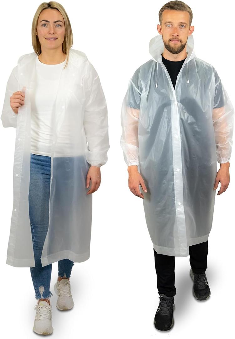 REDSTAR 2 Pack of Rain Ponchos - Long Rain Poncho Waterproof Adult Raincoats with Hood - Reusable Rain Coats for Women & Men (One Size, Clear)