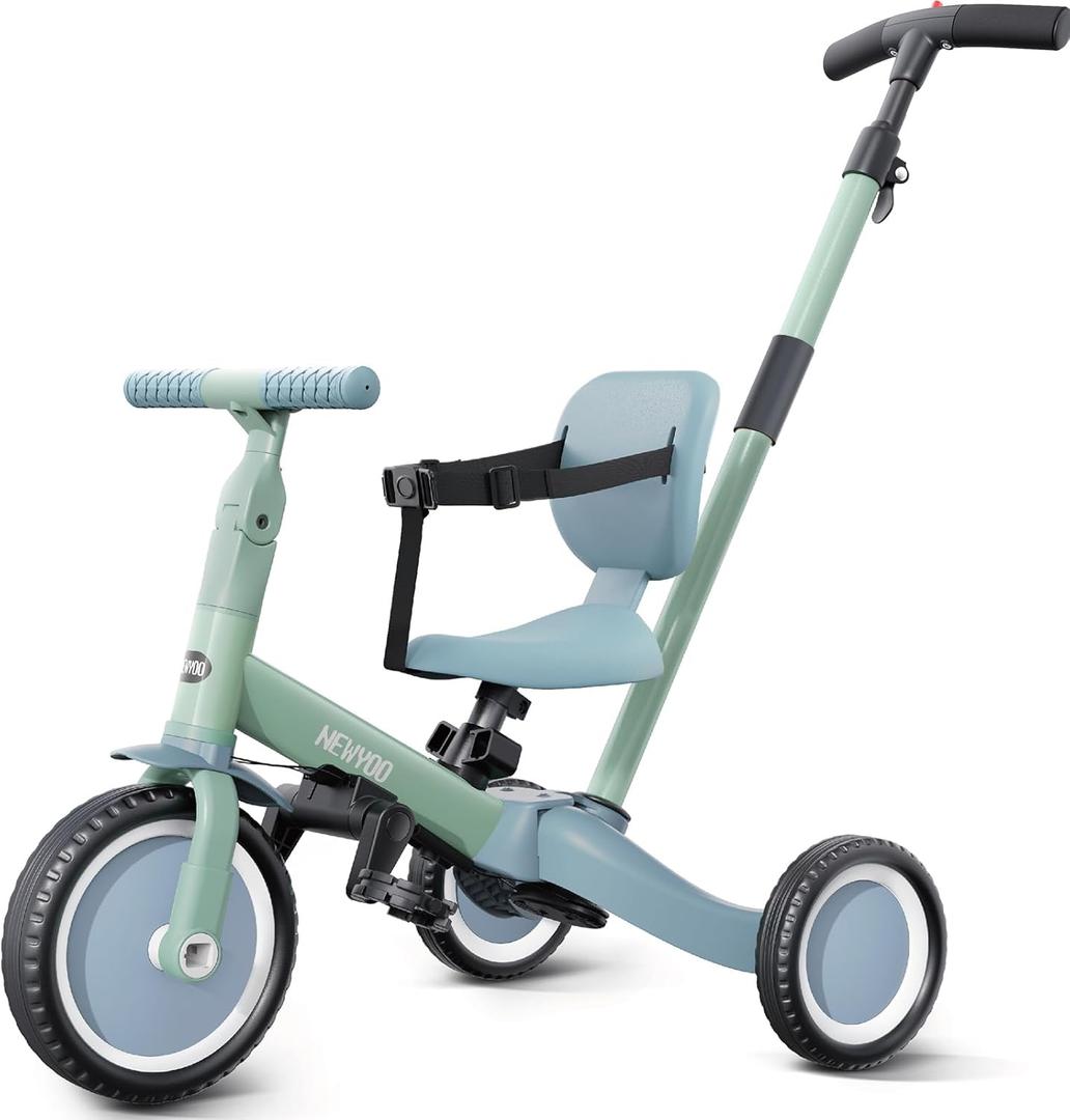 Newyoo Toddler Tricycle with Push Handle for 1-3 Year Old, Toddler Bike, Birthday Gifts and Toys for Boys and Girls, 5 in 1 Kids Trike, Convert to Baby Balance Bike, Green, TR007