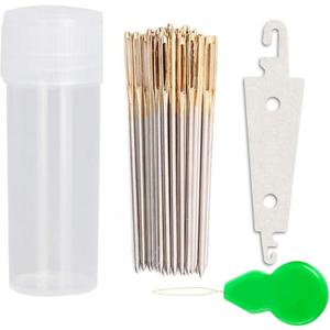 100pcs Cross Stitch Needles +2 Needle Threader Golden Color Large Eyes Cross Stitch DIY Embroidery Hand Needles Sewing Needles in Transparent Box (24#)