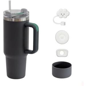 KISSKIND 40 oz Tumbler with Handle and Straw Lid Accessories, Straw Cover Cap, Silicone Spill Proof Stopper, Silicone Boot, Stainless Steel Water Bottle 40oz Insulated Cup, Ideal Gift for Women, Gray
