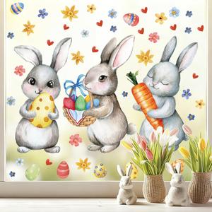 3 Sheets Large Easter Window Clings, Cute Bunny Window Stickers for Glass Windows, Cute Easter Egg Flower Carrot Self-Adhesive Decals, Double Sided Reusable Window Decorations, Spring Party Decor