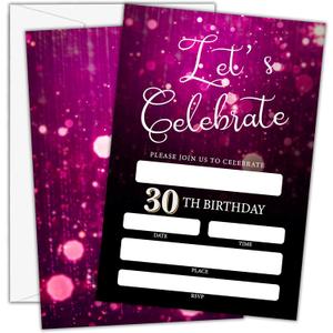 2 x Birthday Invitations - Pink Purple Glitter Bday Invites with Envelopes(25-Count) - Let's Celebrate 30th Fill-in Invite Cards for Party Supplies Favors Decorations - F11