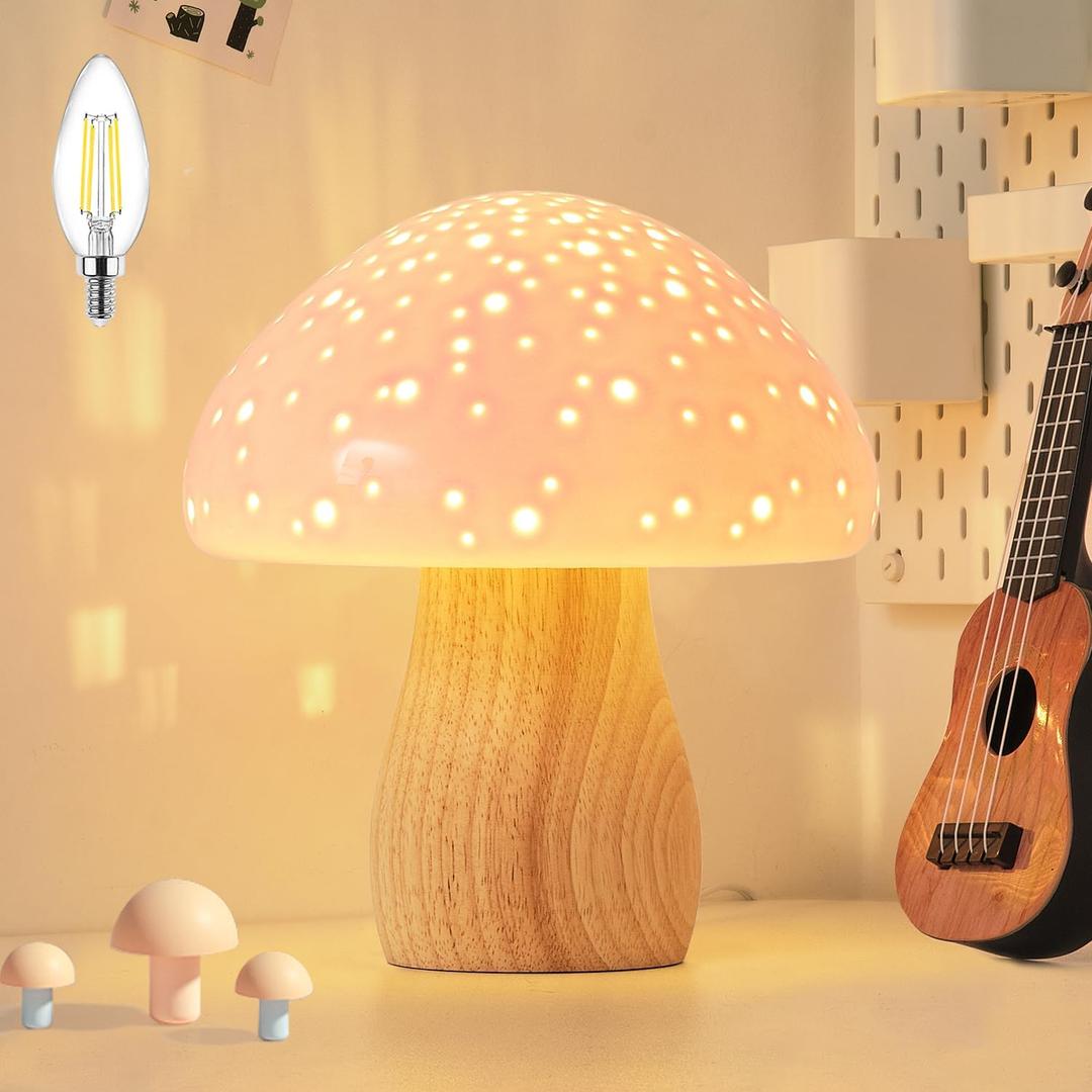 BOHON Mushroom Lamp, Ceramic Bedside Table Lamp for Bedroom Nightstand, Vintage Cute Night Light, Small Lamp for Living Room Kids Desk Home Decor Girls, LED Bulb Included, Pink