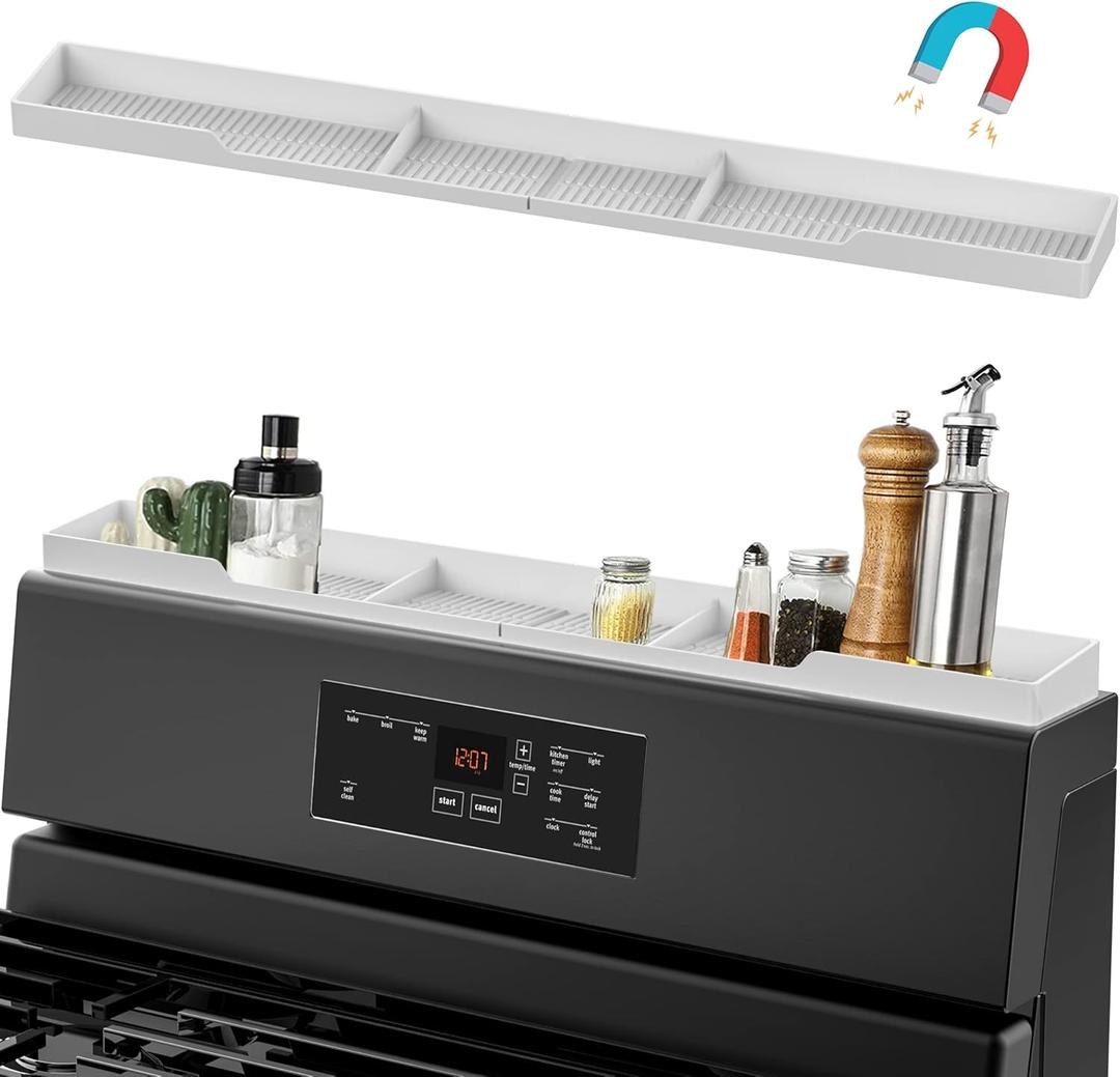 AWOKE Stove Top Shelf 30 Inch - Silicone Material Magnetic Shelf for The Stove - 3 Functional Partitions Kitchen Spice Rack Organizer - White (30" Standard Size)