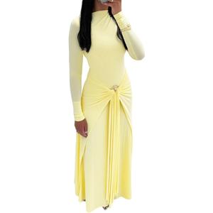 Geulis Long Sleeve Spring Fall Maxi Dress 2026 Elegant Bodycon Wrap Long Dress Cocktail Party Wedding Guest Dresses (Yellow, S)