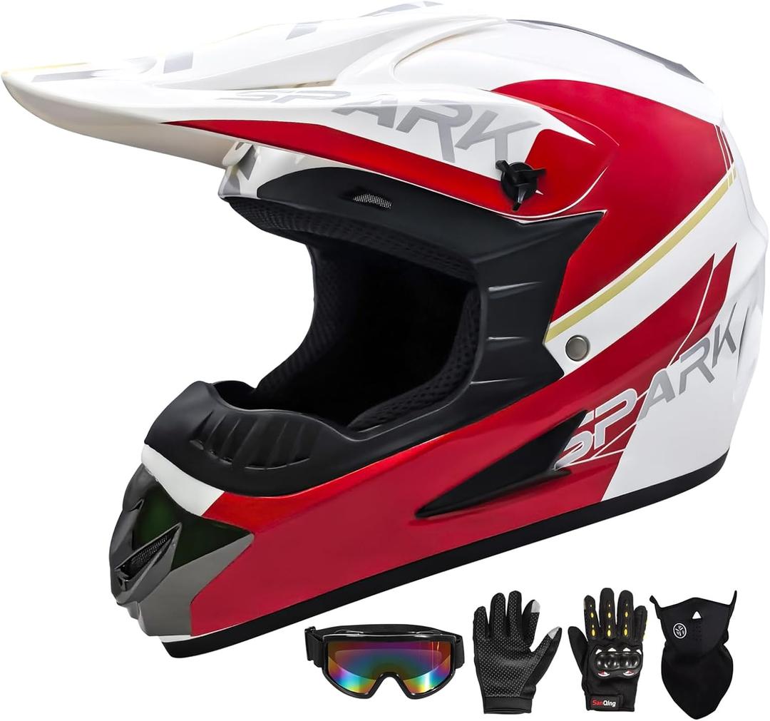 Youth Motocross Helmet for Kids - DOT Approved Full Face Off-Road Mountain Bike ATV Dirt Bike Safety Gear With Goggles, Gloves, and Mask (Small, White Red)