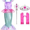 Little Girls Mermaid Princess Costume for Girls Dress Up Party with Gloves,Crown Mace (7-8 Years, Pink-29)