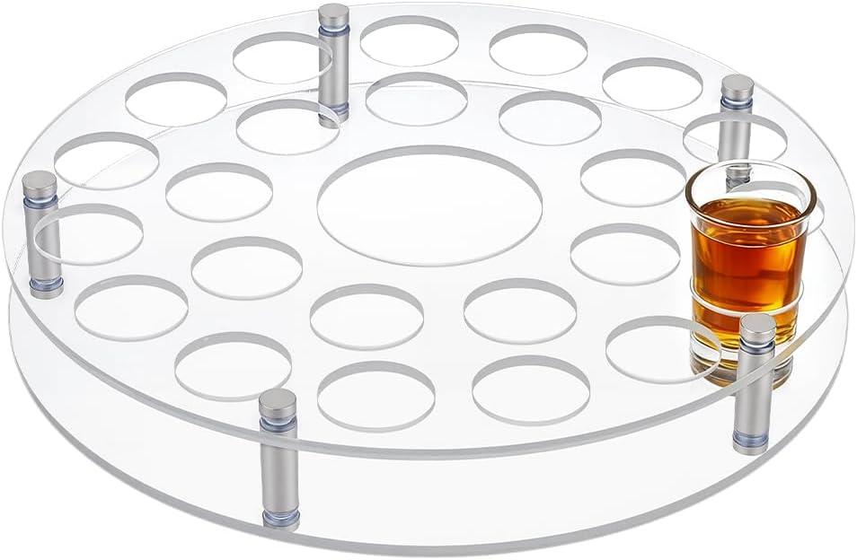 Peacoblue 25 Shot Glass Holder Tray with Heavy Base-White, Clear Bar Circular Acrylic Cups Tray Holder Organizer with Central Bottle Slot Display Case for Parties, Clubs & Home Bars