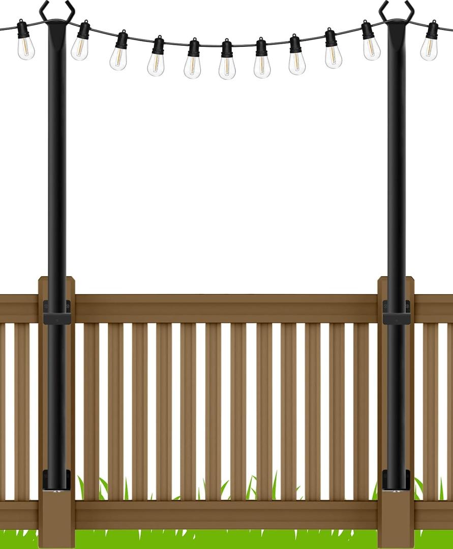 5Ft String Light Poles 2 Pack,Light Poles for Outside Lights,Outdoor with Fence Brackets Hanging Lights,Metal Stand Deck Patio Backyard