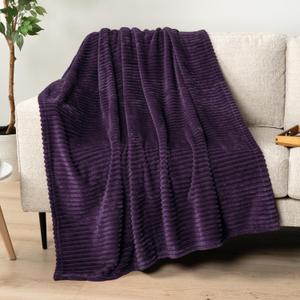 PAVILIA Super Soft Fleece Throw Blanket Eggplant Purple, Luxury Fuzzy Plush Flannel Throw, Warm Cozy Ribbed Microfiber Blanket for Sofa Couch Bed, Lightweight Striped Blanket, Purple, 50x60