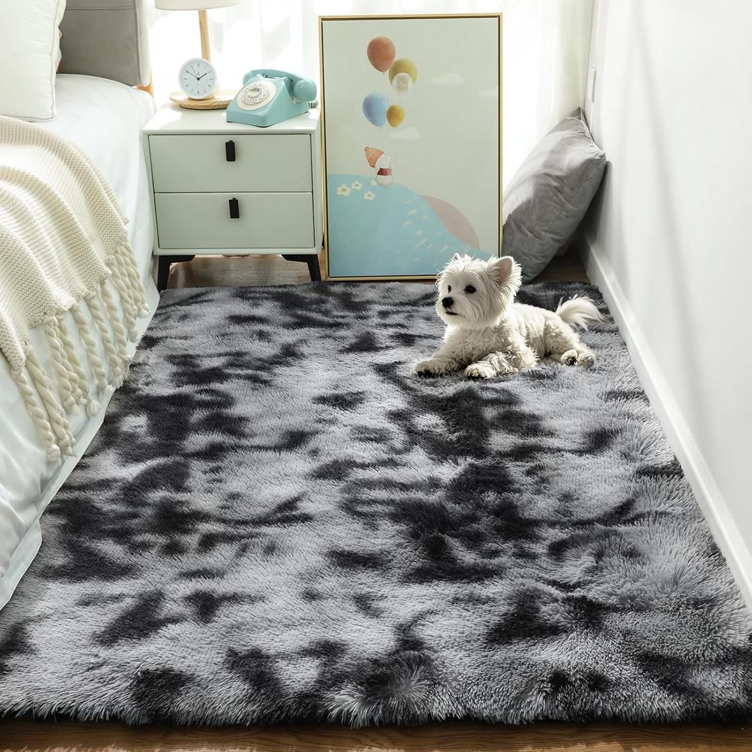 Ophanie Ultra Soft Fluffy Area Rugs for Living Room, Luxury Shag Rug Faux Fur Non-Slip Tie-Dyed Floor Carpet for Bedroom, Kids Room, Baby Room, Girls Room, and Nursery, 4x5.3 Feet Black/Grey (OP575) (4' x 6', 9- Tie-dyed Black & Grey)