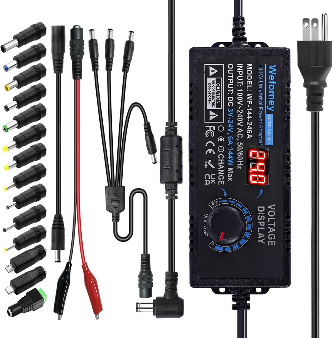 Universal Power Supply 3V~24V 6A 144W Adjustable Variable 3V 5V 9V 12V 18V 20V 24V AC/DC Adapter Charger, 100V-240V AC to DC Converter with 14 Tips, Polarity Converter and 4-Way Power Splitter Cable