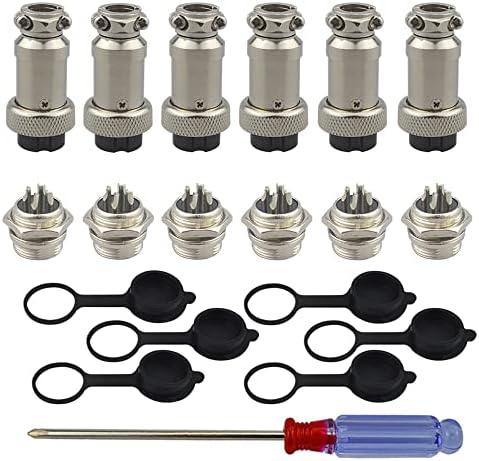 FULARR 6Pcs Premium GX16-4 Pin Aviation Connector Plug Adapter, 5A 16MM Thread Male Female Metal Panel Aviation Wire Connector Kit, with Rubber Protector Cap and Phillips Screwdriver