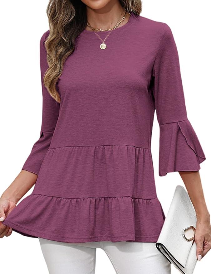 CiCiBird Women's 3/4 Ruffle Sleeve Babydoll Top Loose Peplum Crewneck Tunic 2025 Fashion Casual Shirt, Size XL