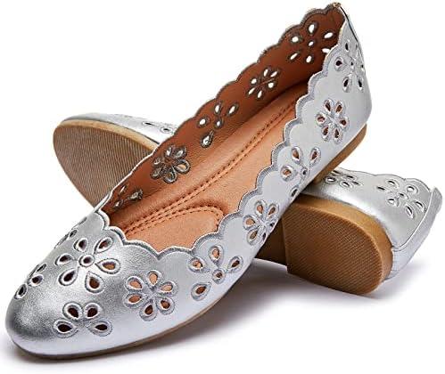 FRACORA Women's Ballet Flats Black PU Leather Dress Shoes Comfortable Round Toe Slip on Flats with Breathable Eyelets 42