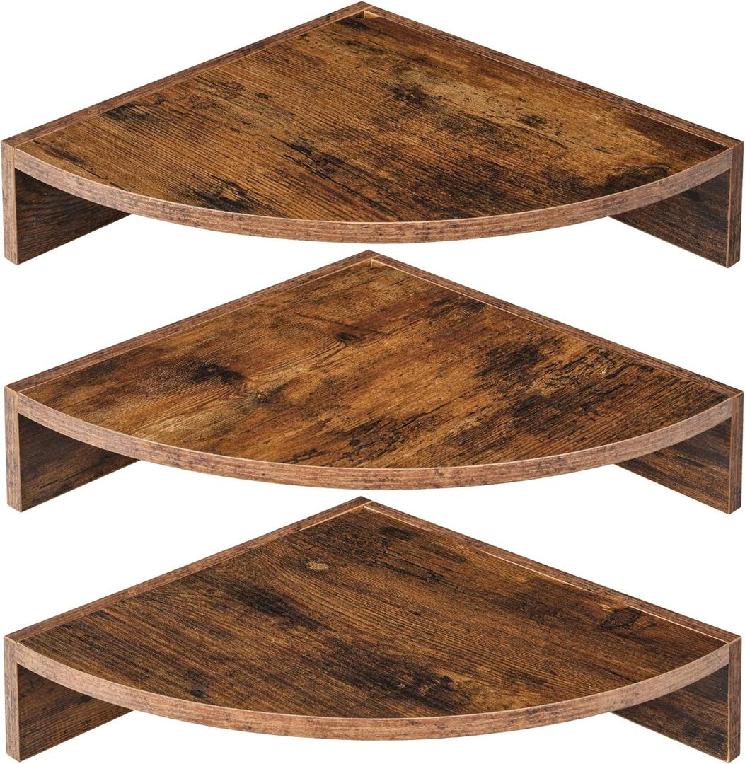 Corner Shelves 3-Pack for Bathroom & Kitchen, Space-Saving Floating Corner Wall Shelf with Easy Installation- Brown (Set of 3)