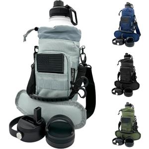 Half Gallon Water Bottle Jug - 84 Oz Insulated Stainless Steel Metal Water Jug with Holder - Carrying Bag - Spout Handle - Straw Lids - Keep Cold & Hot - White Tactical Flask