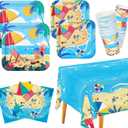 Beach Theme Party Supplies, Summer Pool Pack Includes: Paper Dinner Plates, Dessert Plates, Luncheon Napkins, Cups and Tablecloth for Hawaiian Party Birthday Decorations, Serve 25