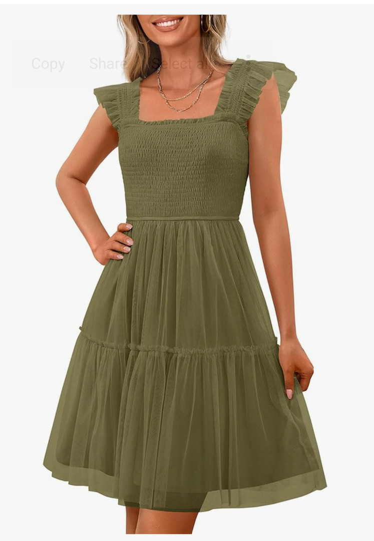 PRETTYGARDEN Womens 2025 Trendy Mini Summer Dresses Sleeveless Tulle Ruffle Square Neck Tiered Smocked Beach Vacation Dress Large, Army Green