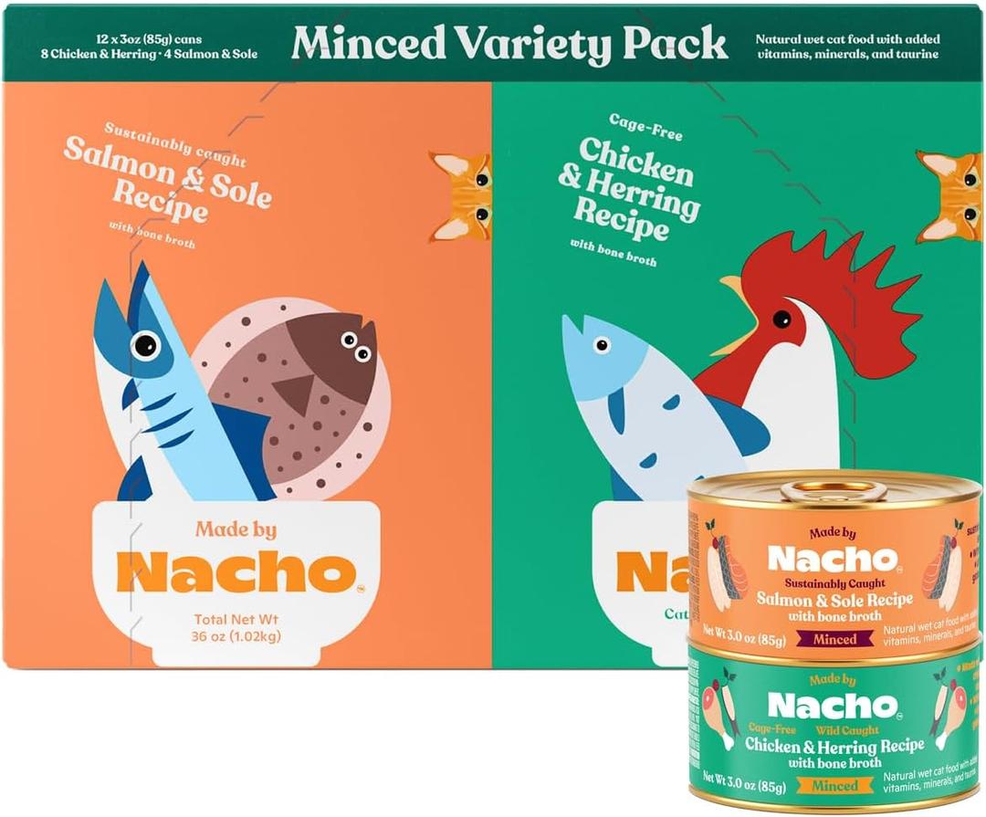 Made by Nacho Premium Minced Wet Canned Cat Food with Hydrating Bone Broth 3.0oz (Variety Pack (12 Count) - Chicken and Herring, Salmon and Sole),Best By Nov 11/27