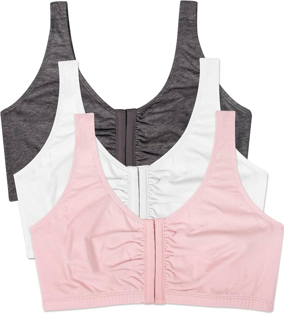 Fruit of the Loom Women's Front Close Sports Bra - Cotton Blend, Easy Fit & Built-Up Support (48, Blushing Rose/Charcoal/White 3-pack)