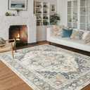 Washable Area Rugs 8x10 Living Room Boho Non Slip Thin Carpet Stain Resistant Vintage Linen Printed Oriental Foldable Distressed Rug for Bedroom Indoor House (Linen/Gray/Onyx/Chestnut)