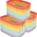 XUANGUO 3-Pack Rainbow Storage Baskets 15X10X9.3 Woven Toy Organizer Bins for Kids, Baby Room, Nursery, and Classroom Cute Square Rope Baskets for Shelves and Organization Rainbow