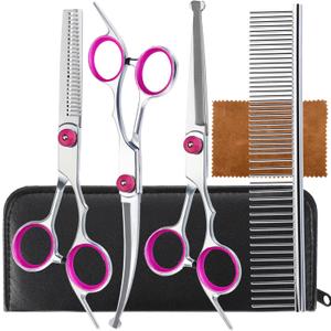5 in 1 Premium Dog Grooming Scissors, Professional Dog Scissors for Grooming with Safety Round Tips, Lengnoyp Stainless Steel Thinning Shears, Pet Cat Shears for Grooming Kit, Pink (Black)