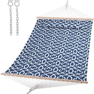 Double Tree Hammock with Hardwood Spreader Bar, Blue Pattern