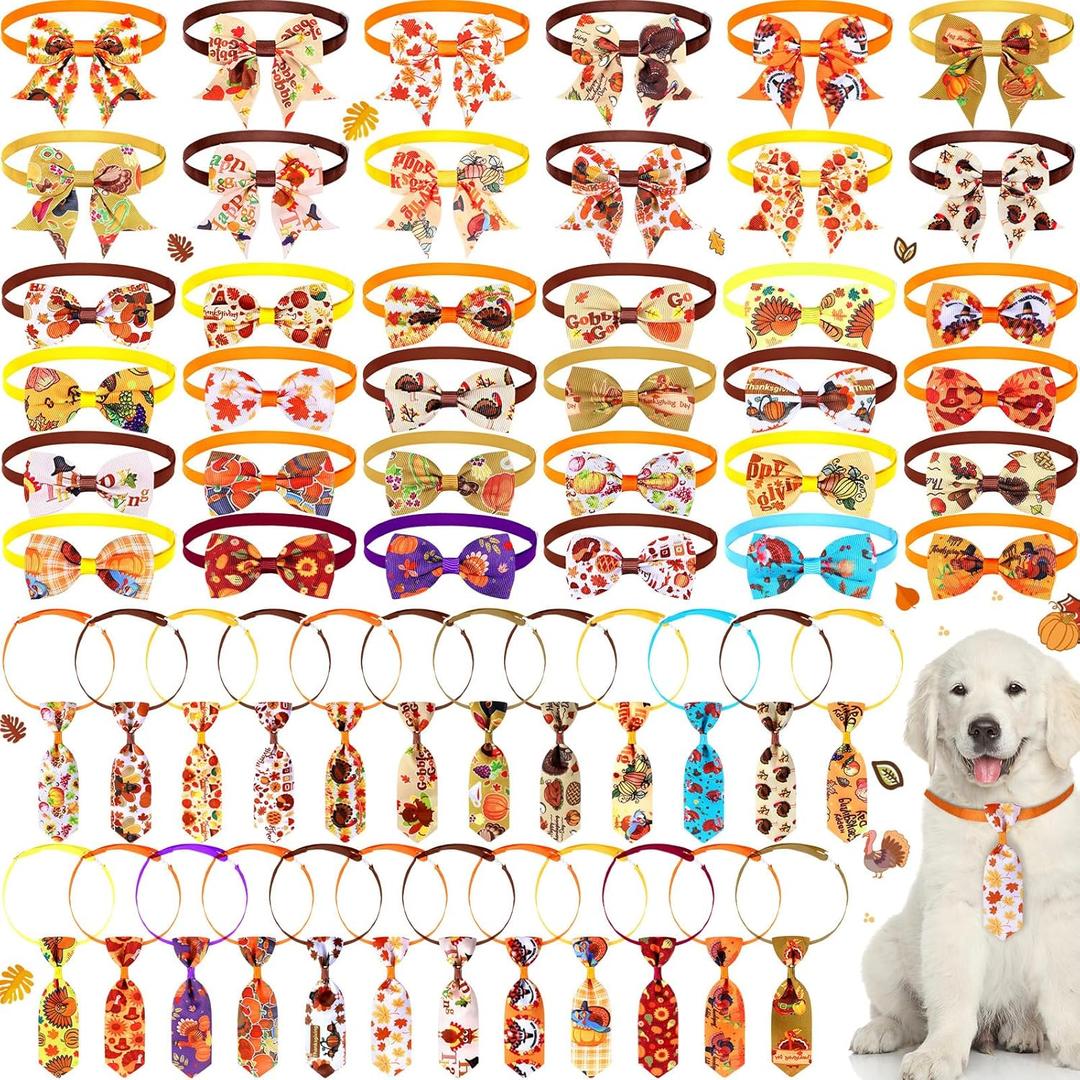 Sadnyy 60 Pcs Thanksgiving Dog Bows Bulk Dog Collars Adjustable Turkey Pumpkin Puppy Bowtie Collar Includes 24 Pet Neck Ties and 24 Bowties 12 Pet Fall Bowknot Set for Grooming Decor