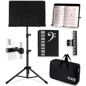 GLEAM Sheet Music Stand - Full Metal with Carrying Bag, Phone Holder, Sheet Music Folder and Clip, 5 in 1 Desktop Book Stand