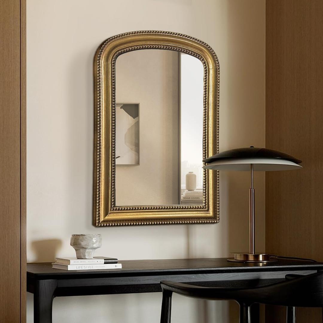 Gold Vintage Mirror Antique Arched Mirror for Entryway Living Room Decor,Wood Frame with Ornate Beaded Decor Mirrors 20"X30" (19.5"X30")