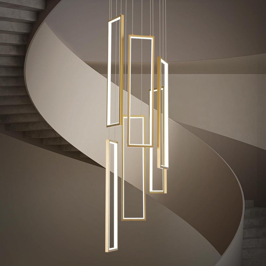 CHYING Modern Gold LED Chandelier 6 Light Foyer Chandeliers for High Ceilings 6000K Cool White Large Ceiling Pendant Light for Staircase Living Room Foyer Entryway