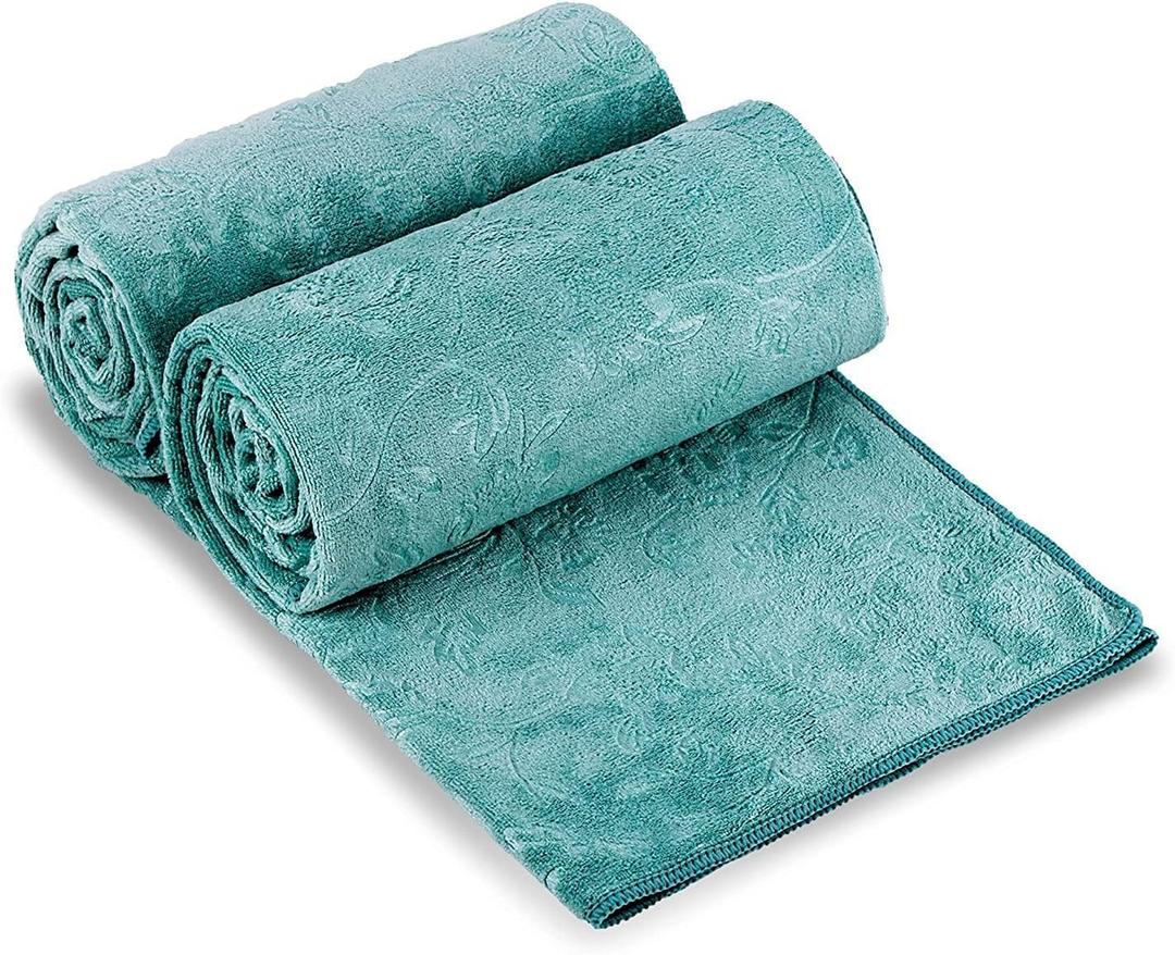 JML Microfiber Bath Towels, 2 Pack, 30" x 60", Oversized, Large, Soft, Super Absorbent and Fast Drying Bathroom Towel Set for Sport, Fitness, Yoga (Green-Floral Embossed)