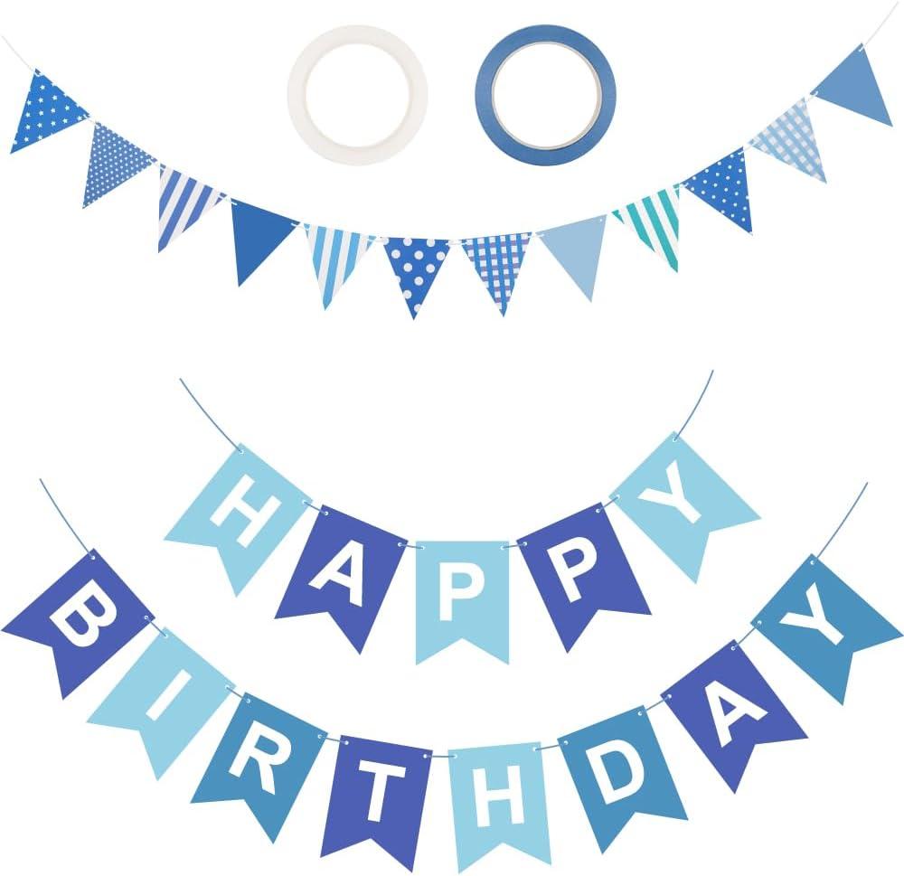 Blue Happy Birthday Banner With 12Pcs Pennant Flags, Paper Bunting for Kids Adults Party Supplies (Blue Pull Flag + Small Color Flag)