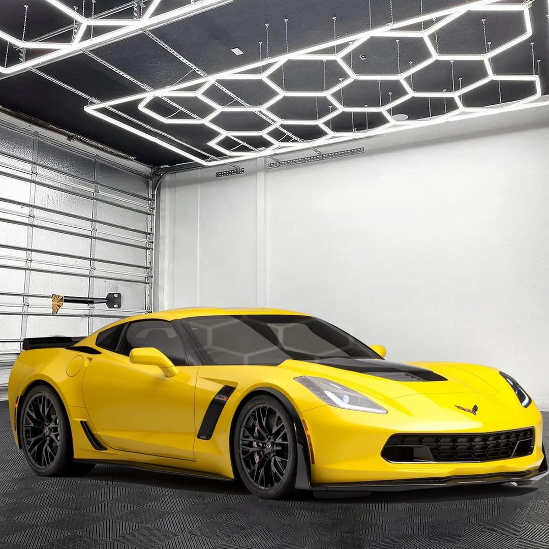 Updated Bigger Size Hexagon LED Garage Light: Ultra-Bright Hex Ceiling Lights, Hexagon led Lights for Garage Warehouse Workshop Gym Basement (14 Hex / with Rectangle Frame)