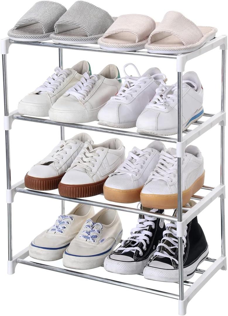 Stackable Small Shoe Rack, Entryway, Hallway and Closet Space Saving Storage and Organization (4-Tier, White)