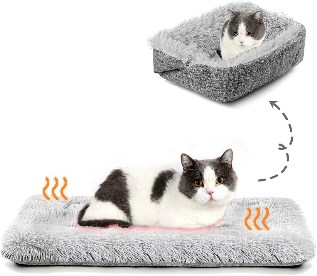Cat Bed Self Warming, Foldable Self Heated Cat Mat Heating Pad 24 x 20 inch Extra Warm Thermal Pet Pad for Indoor Outdoor Cats, Non-Slip Bottom Washable Non Electric, Grey