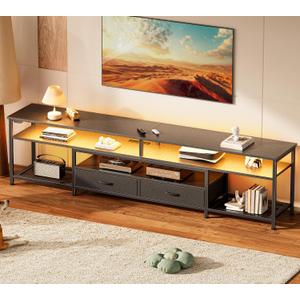 Huuger 79 Inch TV Stand for 85, 90 Inch TV, Entertainment Center with LED Lights and Power Outlets, TV Console with Drawers, Shelves, Type C, PU Leather Surface, for Living Room, Black