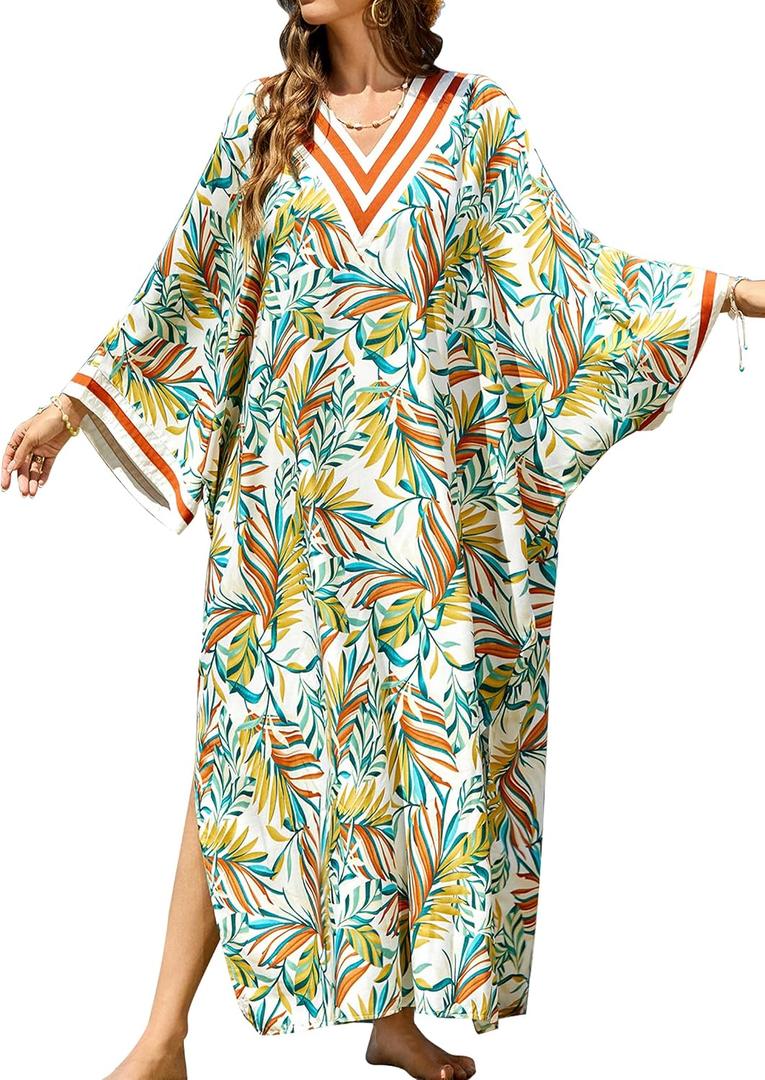 cthseie Plus Size Kaftan Dresses for Women Beach Cover Ups Swimwear with V-Neck Lightweight Caftans for Vacation Dress