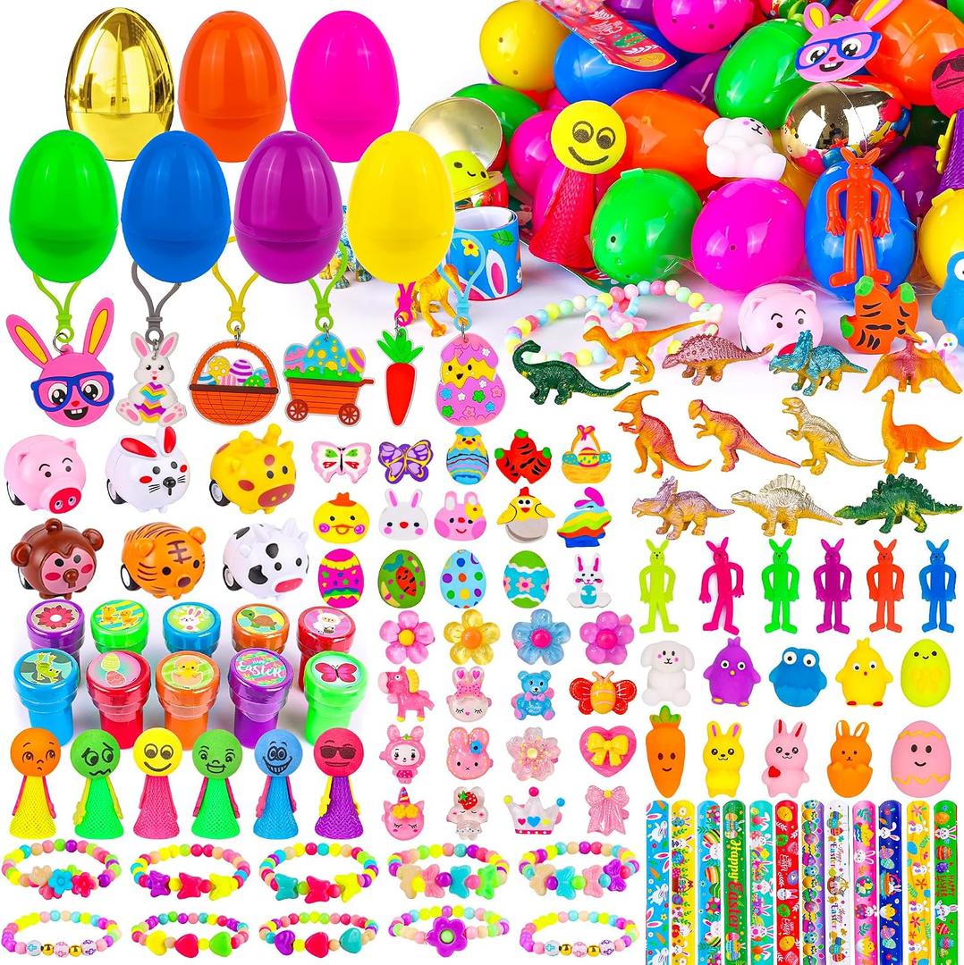 [ 6 Surprise Golden Eggs ] 100 Pack Prefilled Easter Eggs Filled with Assorted Toys, Pre Filled Plastic Easter Eggs Fillers for Easter Hunt, Easter Basket Stuffers, Easter Party Favors