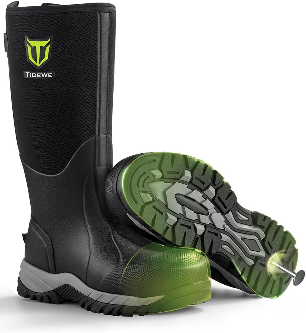 TIDEWE Work Boots Puncture-Proof with Steel Toe & Shank, Waterproof Anti Slip Rubber Boots for men, 6mm Neoprene Outdoor Boots, Durable Hunting Boots for Manufacturing, Construction, Farming(Black,Size 10)